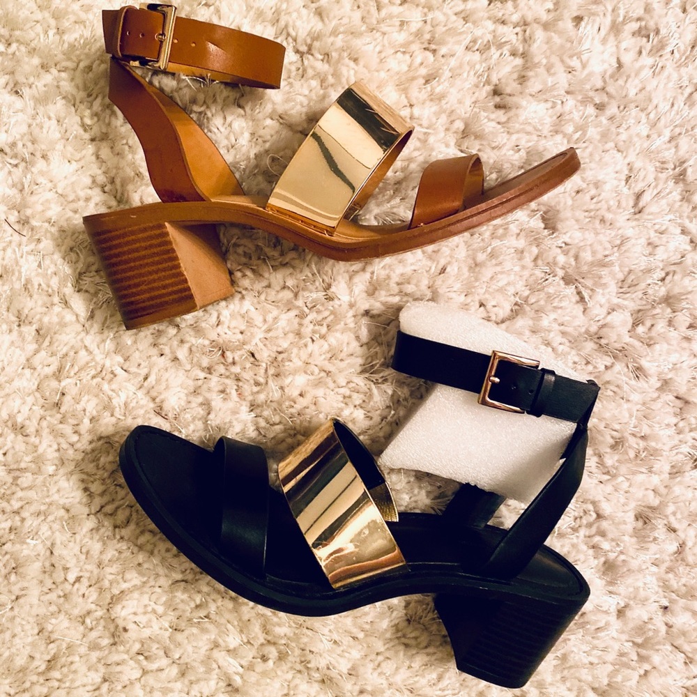 2 PAIRS - camel & black leather block heel sandals